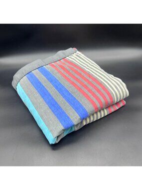 Vintage Striped Sheet Queen Size 90s Liz Claiborne Burlington USA Gray Blue Red